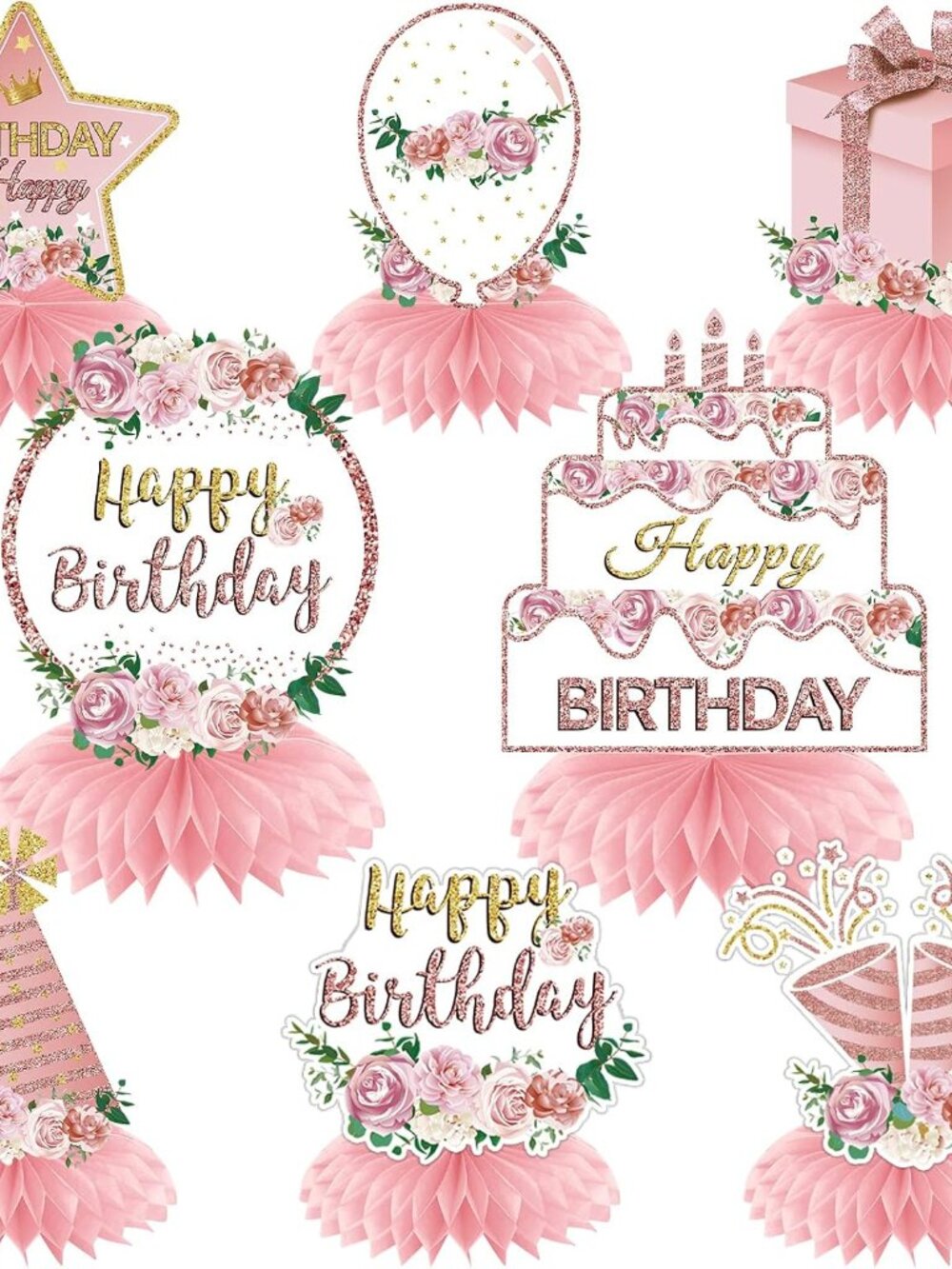 Floral Happy Birthday Decorations Honeycomb Centerpieces for Women Girls